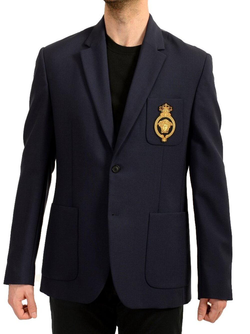 Versace Men's Blue Wool Mohair Logo Embroidery Two Button Blazer US 42 IT 52